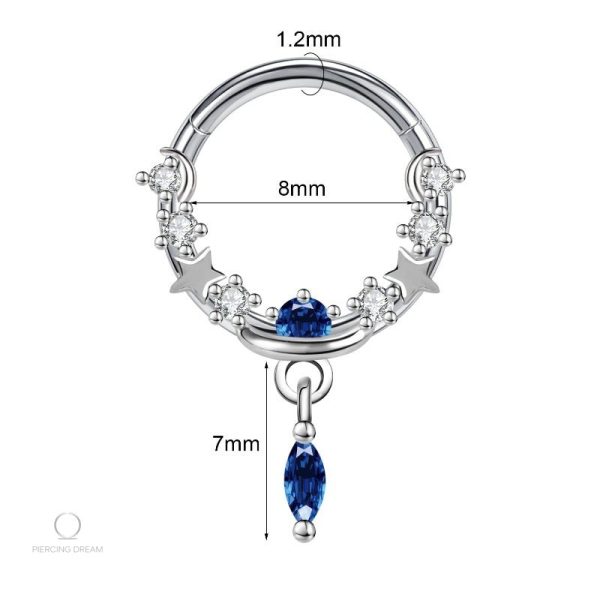 Piercing daith argenté décoré d'une pierre de couleur bleue